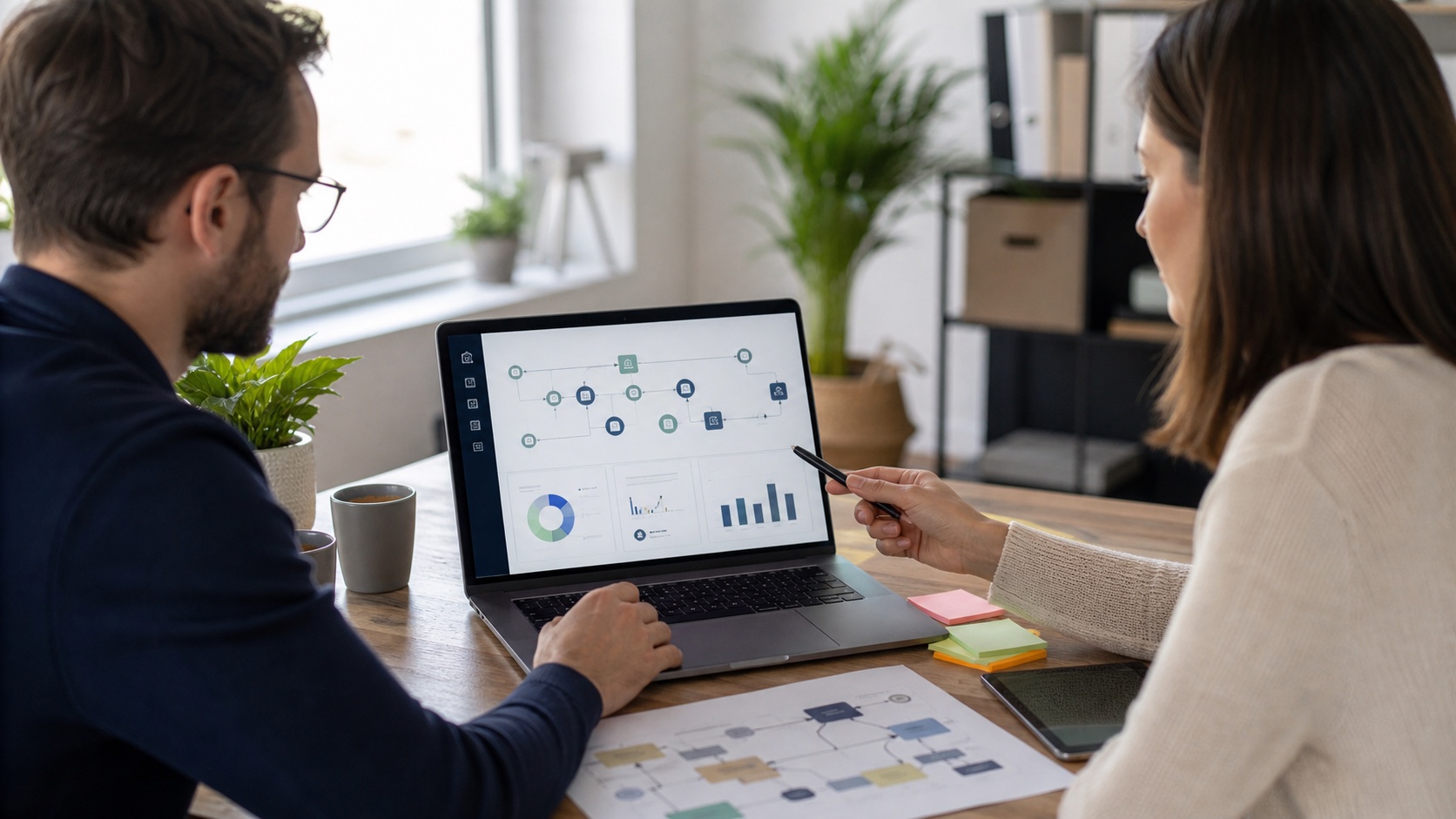 Two people reviewing a business workflow dashboard on a laptop